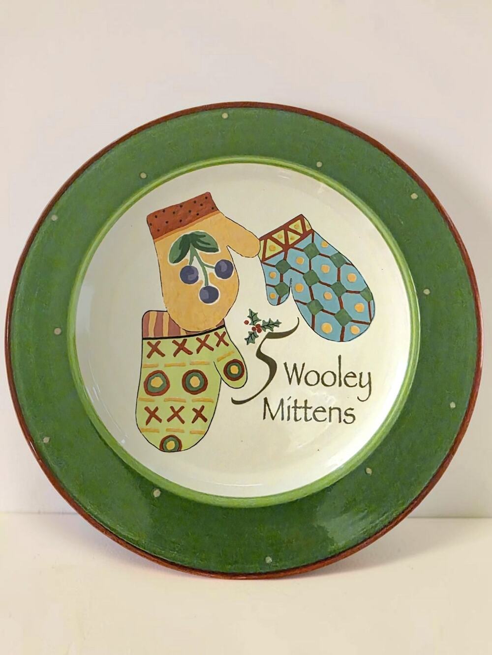 Gibson 3 Wooley Mittens Christmas Plate Julie Ingleman Holiday Folk Art